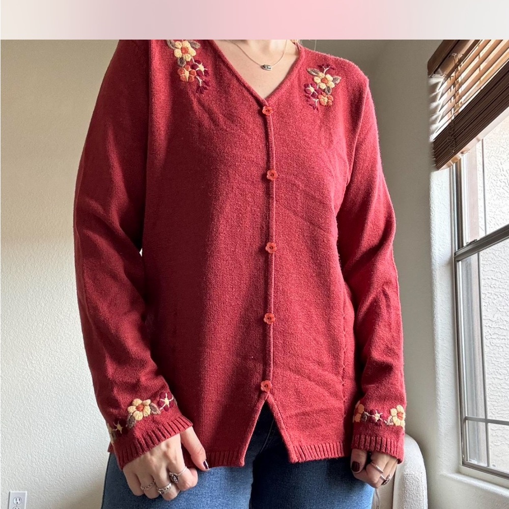 Embroidered Red Cardigan Sweater